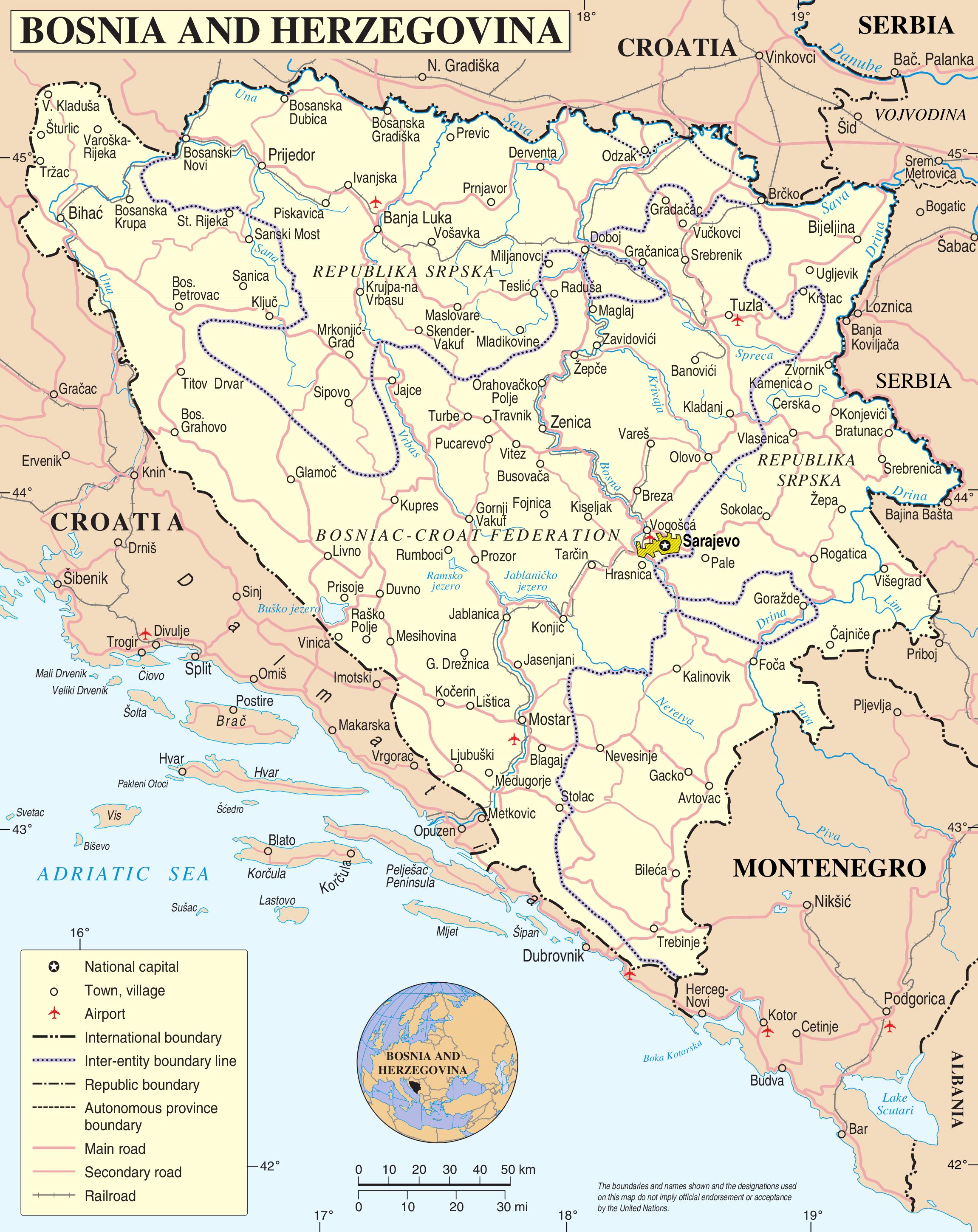 Bosnien karta - Karta över Bosnien (Södra Europa - Europa)